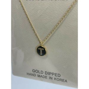 Gold Initial T Necklace Coin Disc Round Twist